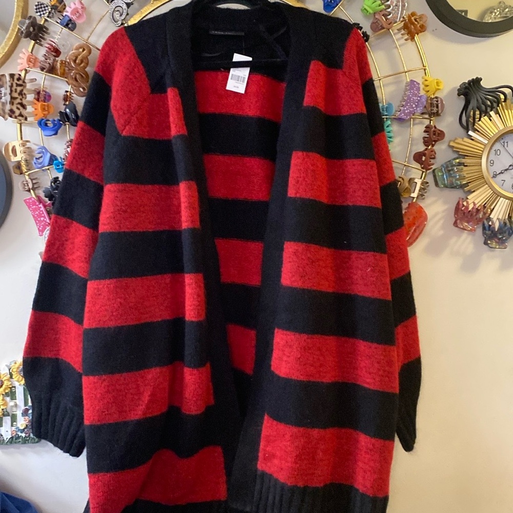 🤩NEW🤩Lane Bryant - Black & Red Stripe Cardigan Sweater /Long Sleeves 26/28 NWT